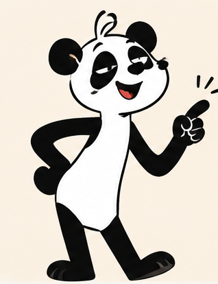 Pandy, a black-and-white panda, standing and pointing